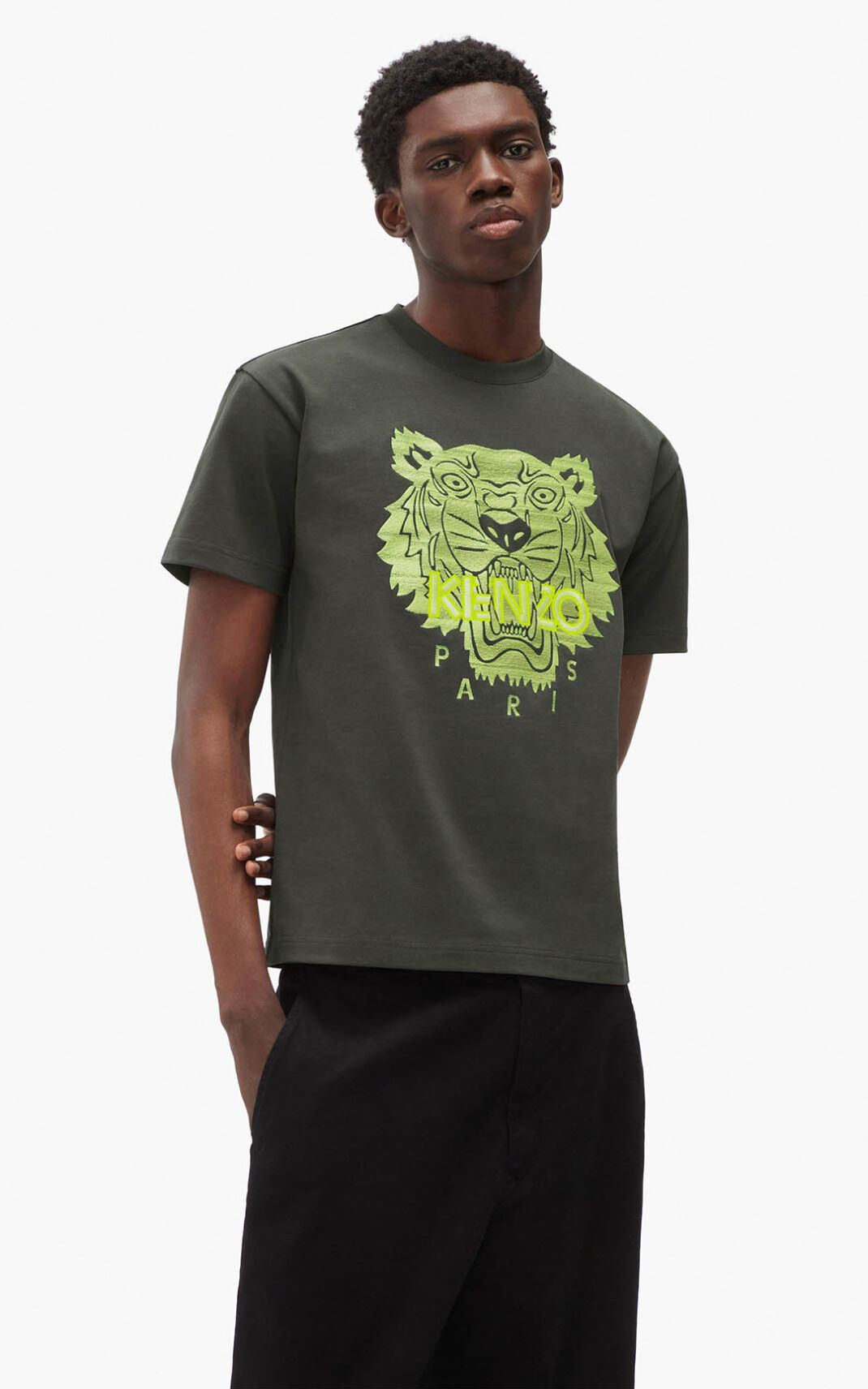 T Shirt Kenzo Tiger loose fitting Homme Kaki Foncé | WNLY-03468